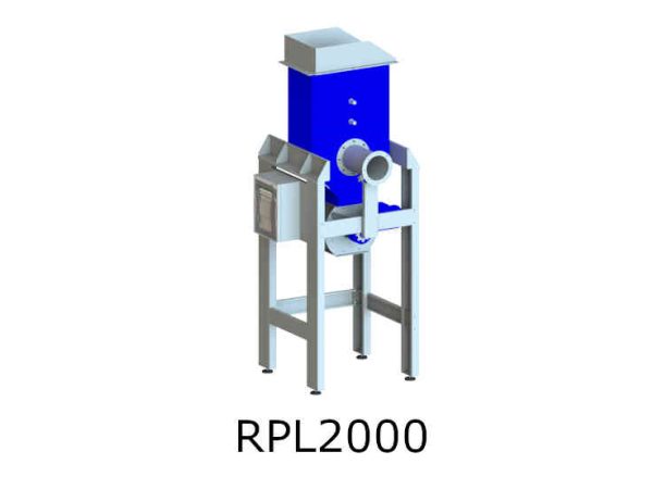 Enfriador de alta capacidad modelo RPL2000, diseñado para plantas de peletización, con capacidad de 0,40 m³ y dimensiones adaptadas a grandes producciones.