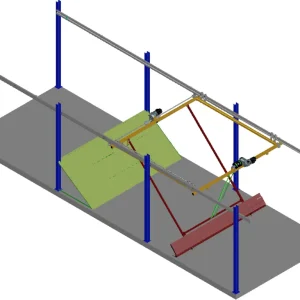 Diseño 3D del sistema GreenLoader: transporte aéreo y almacenamiento automático para silos de biomasa.