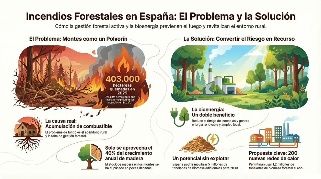 Infografía sobre la prevención de incendios en España mediante gestión forestal activa y bioenergía.