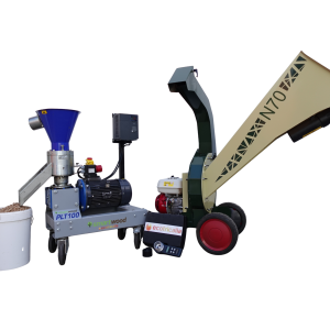 Pack Autoconsumo Profesional de Ecofricalia: Peletizadora PLT100, astilladora refinadora N70 y medidor de humedad Biopoint para biomasa.