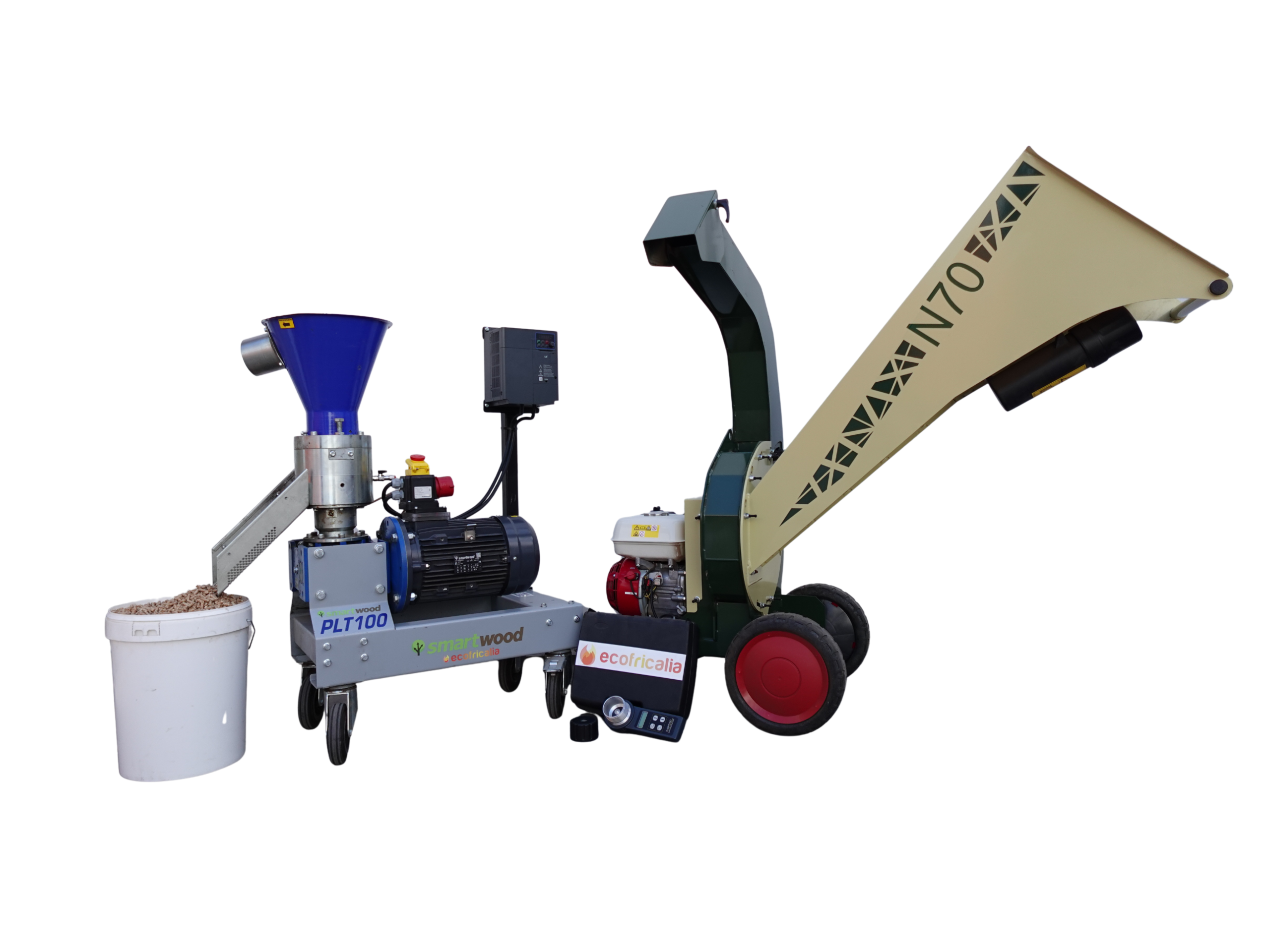 Pack Autoconsumo Profesional de Ecofricalia: Peletizadora PLT100, astilladora refinadora N70 y medidor de humedad Biopoint para biomasa.